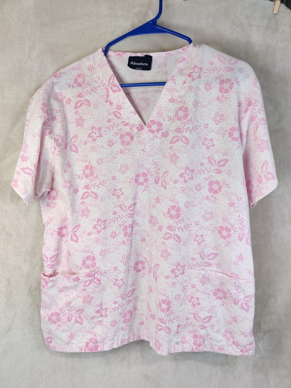 Absolute Scrub Top Floral Pink Pattern V-Neck Size Medium